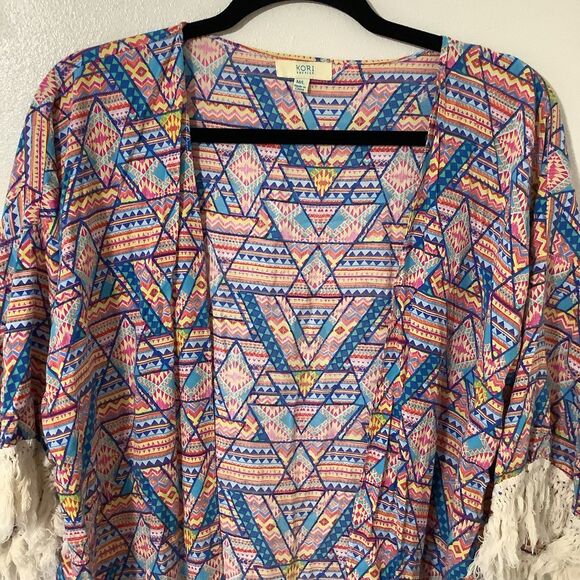 Kori Colorful Geometric Boho Hippie Festival Fringe Open Cardigan Kimono M/L - Picture 2 of 8